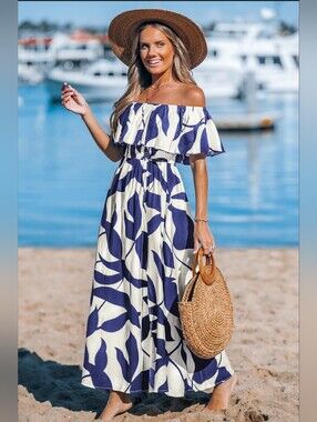 CUPSHE Chasing Sunsets Off-Shoulder Navy and White Floral Maxi Dress. NIB